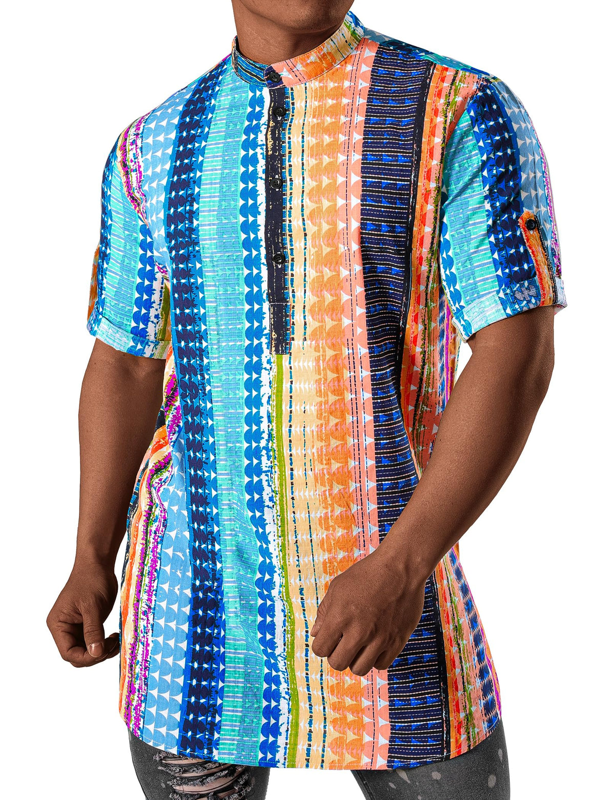 JOGAL Mens African Shirt Striped Henley Dashiki Shirts Short Sleeve