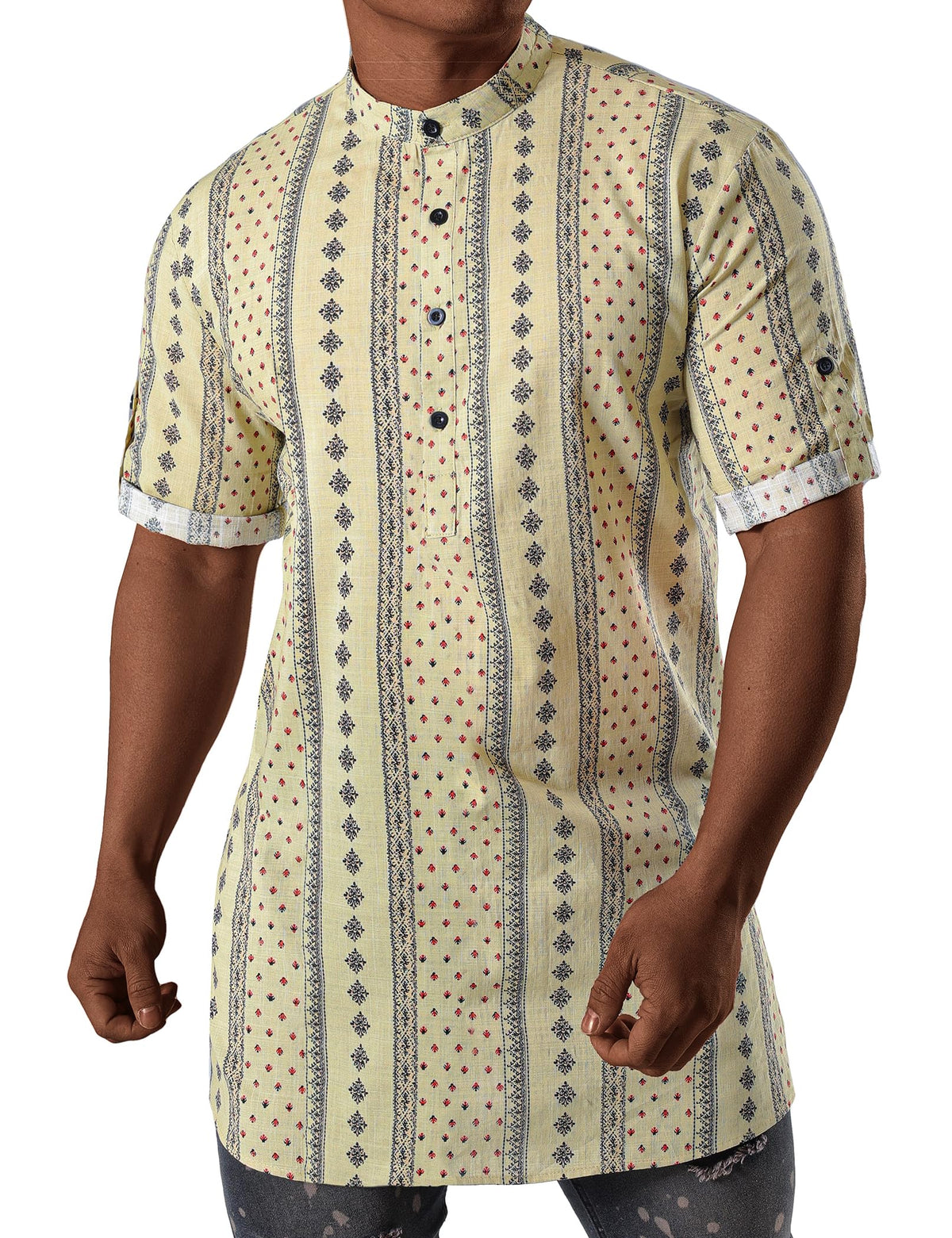 JOGAL Mens African Shirt Striped Henley Dashiki Shirts Short Sleeve