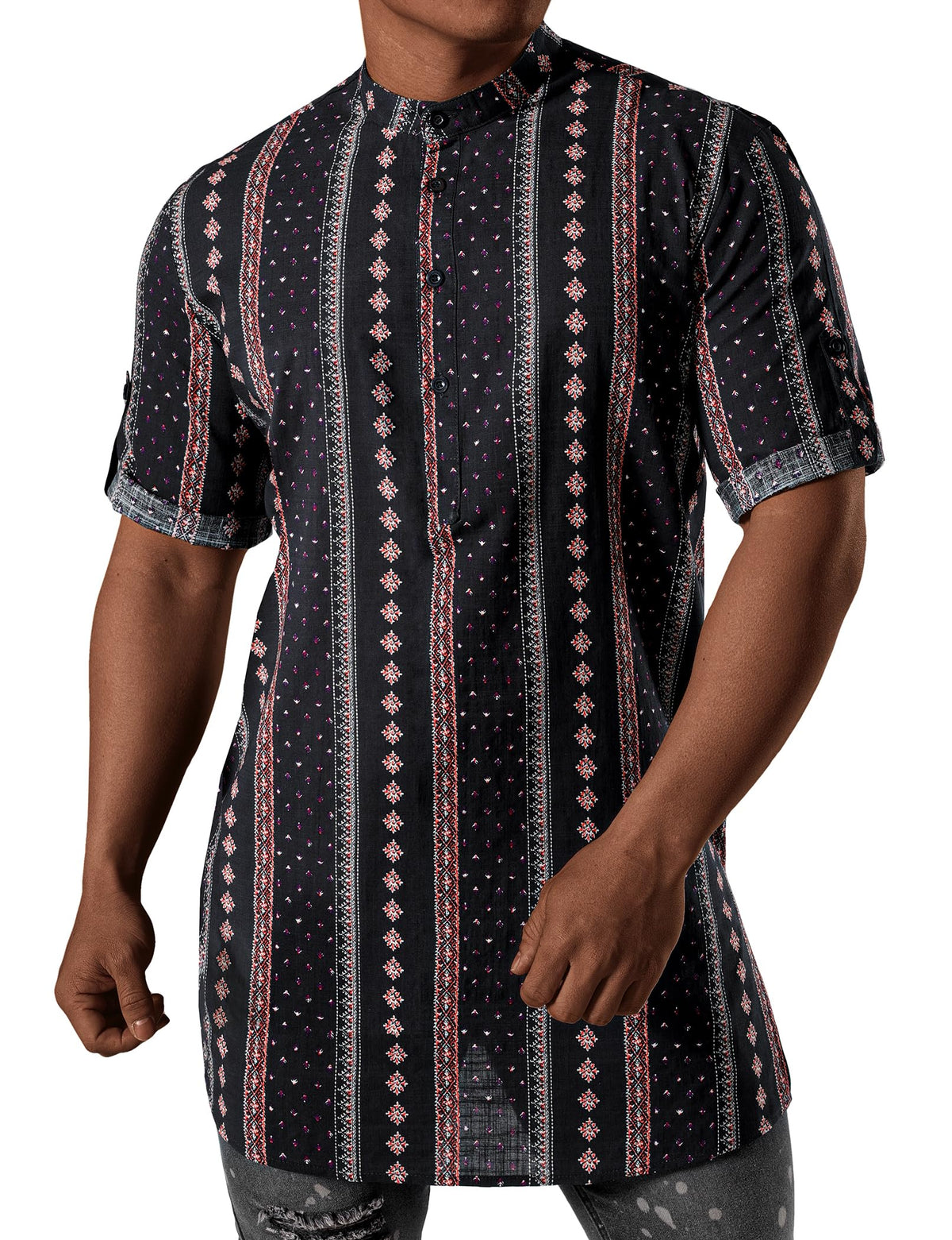 JOGAL Mens African Shirt Striped Henley Dashiki Shirts Short Sleeve