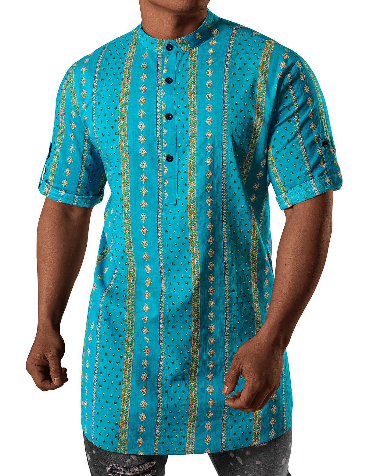 JOGAL Mens African Shirt Striped Henley Dashiki Shirts Short Sleeve