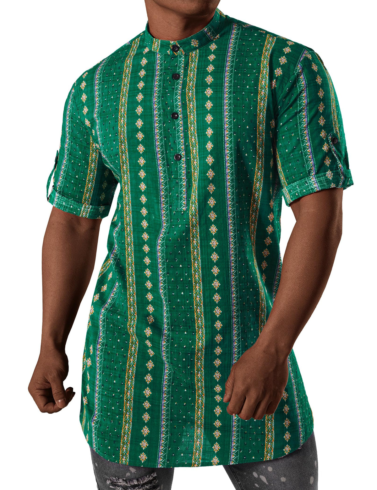 JOGAL Mens African Shirt Striped Henley Dashiki Shirts Short Sleeve