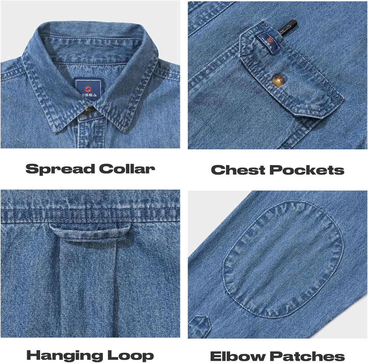HISEA Mens Long Sleeve Denim Shirt, Button Down Jean Work Shirt Regular Fit