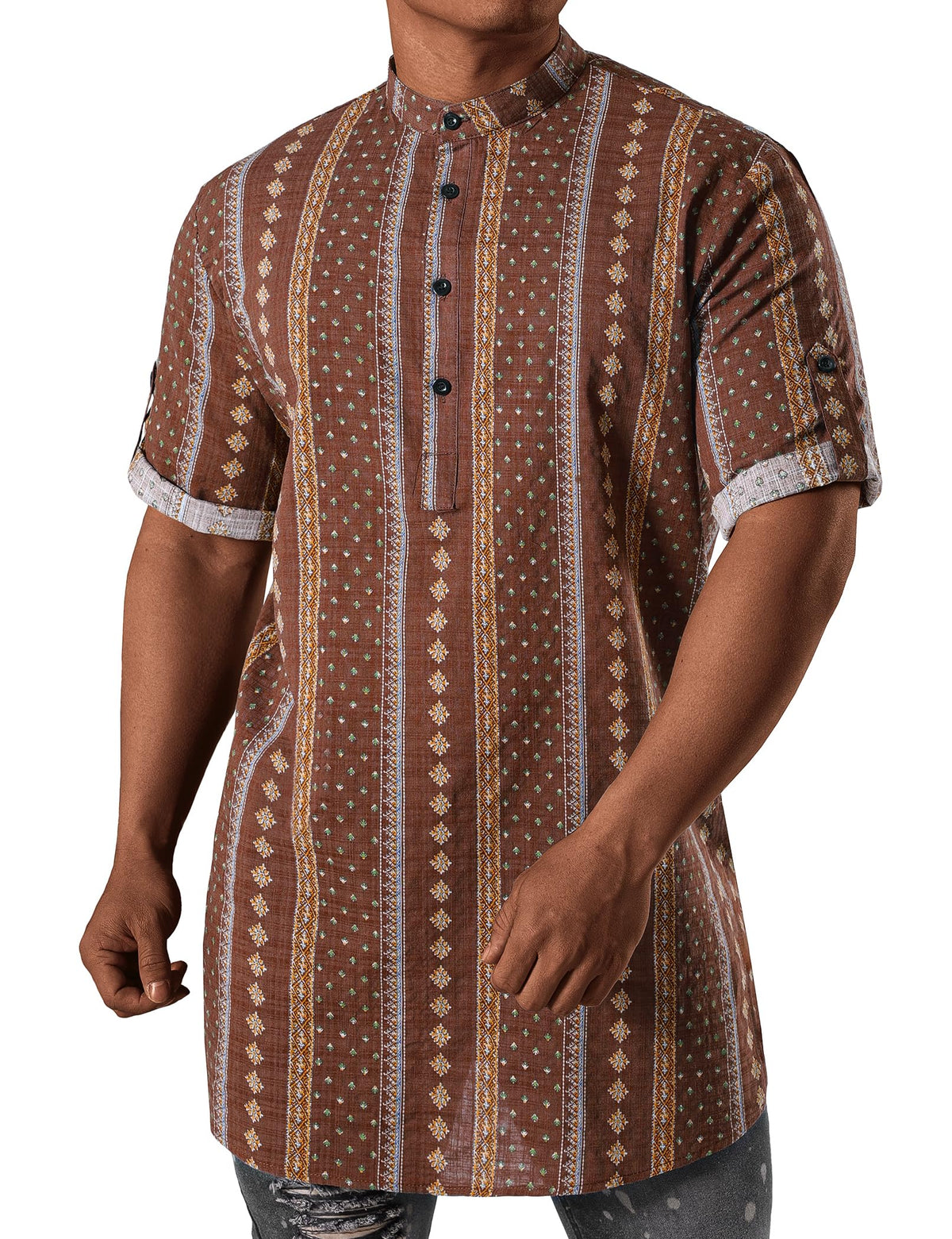 JOGAL Mens African Shirt Striped Henley Dashiki Shirts Short Sleeve